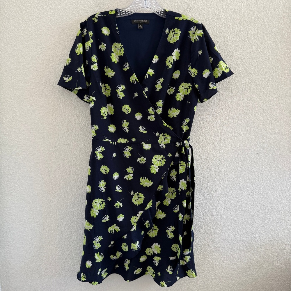 Banana Republic Navy Lime Green Floral Wrap Dress Short Sleeve Ruffle